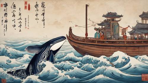 Uma pintura tradicional chinesa em pergaminho de uma baleia sábia guiando marinheiros.