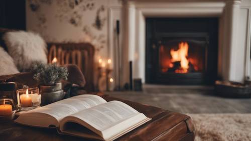 A cozy September living room with a roaring fireplace and a book