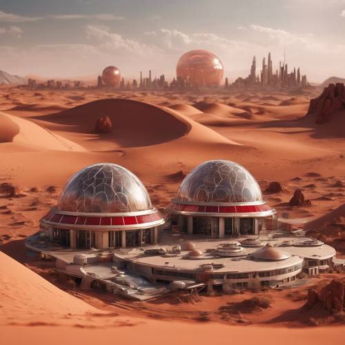 Una futuristica città marziana con maestose cupole sullo sfondo del deserto rosso.