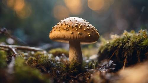 Un lindo hongo con un sombrero dorado que brota grandiosamente del suelo cubierto de musgo de un denso bosque al atardecer.