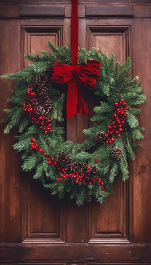 An artistic rendering of a wreath hanging on a rustic wooden door, made of pine branches, bright red holly berries, pinecones, and tied with a lush red velvet ribbon.