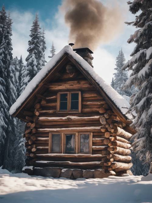 Una cabaña de madera rústica situada en un bosque alpino nevado, con humo saliendo de su chimenea.