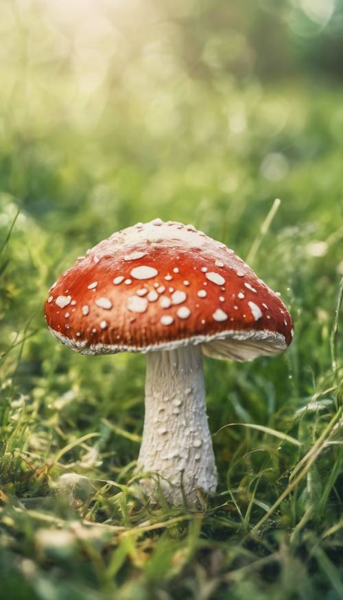 Une aquarelle de style vintage représentant un champignon Amanita solitaire debout sur une herbe verte sous la lumière du soleil preppy.