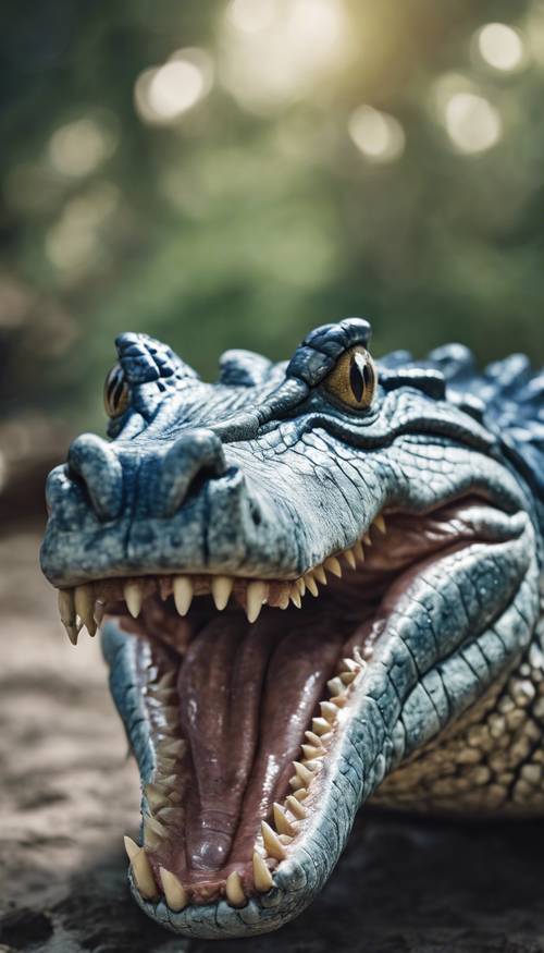 Um crocodilo azul intimidador com a boca bem aberta, exibindo seus dentes afiados.