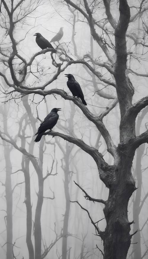 Two crows sitting on a skeletal, leafless tree in a grayscale foggy forest.