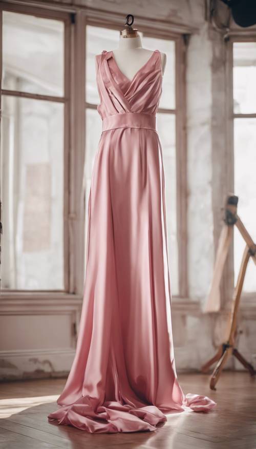 Elegancka różowa jedwabna sukienka na manekinie w studiu haute couture.