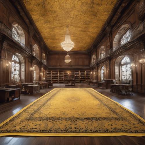 An antique yellow damask rug in a cavernous library.