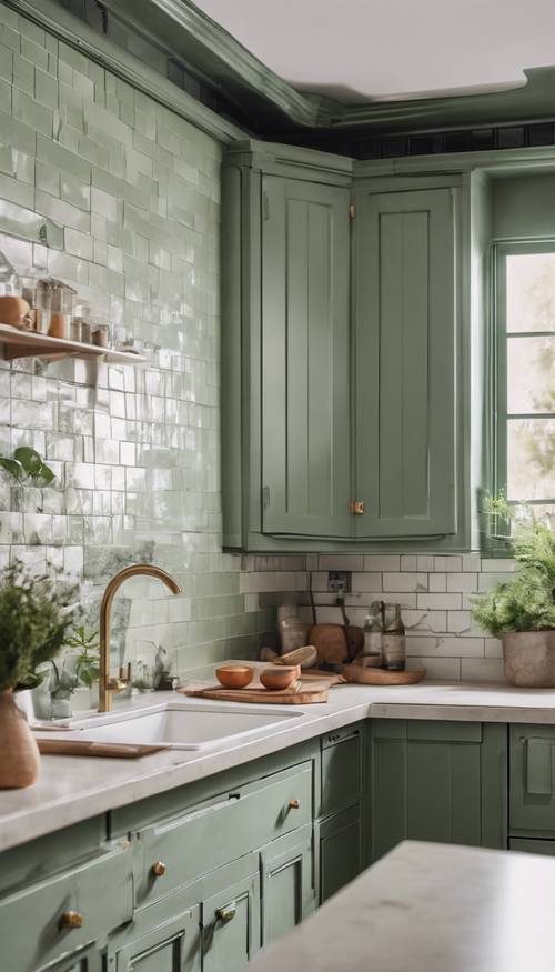 Um novo espaço de cozinha com armários verde-sálvia e backsplash branco de azulejos de metrô.