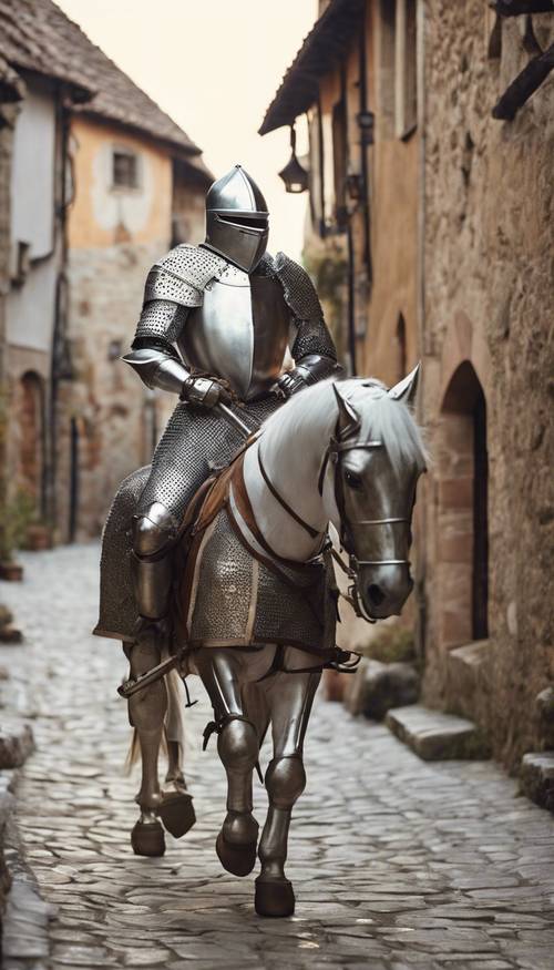 一位穿著閃亮銀色盔甲的騎士騎馬穿過中世紀的村莊。