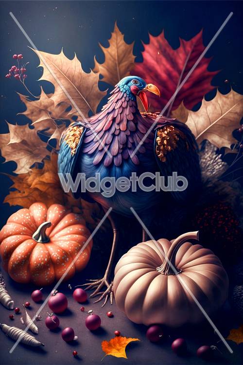 Pássaros coloridos e abóboras em cenário de outono