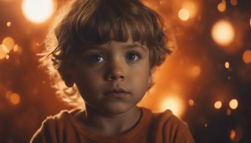 Một bức chân dung đáng yêu của một đứa trẻ đang nhìn chằm chằm vào sự ngạc nhiên, được bao quanh bởi vầng hào quang màu cam