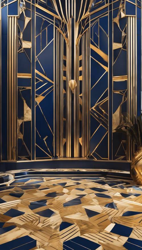 Interior art deco didekorasi dengan pola geometris dengan aksen biru tua dan emas.