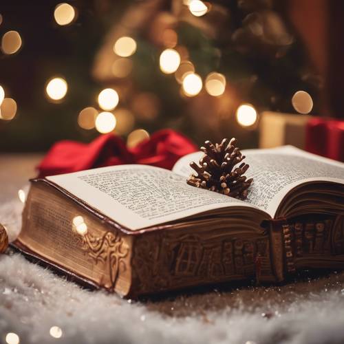 A brown leather-bound book opened to a story about Christmas.