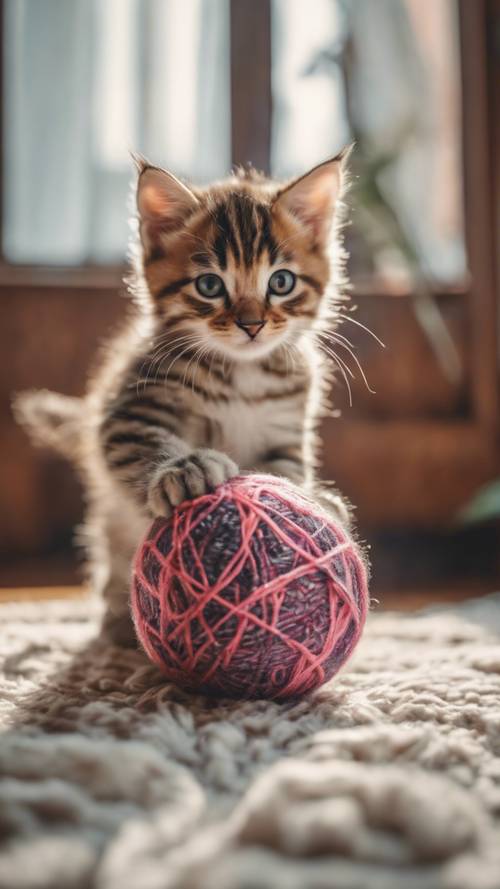 A playful kitten playing with a paisley patterned ball of yarn in a cozy home environment.