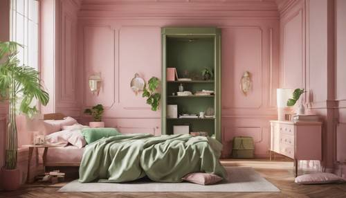 Spokojna sypialnia z delikatnymi różowymi ścianami i zielonymi meblami w stylu vintage.