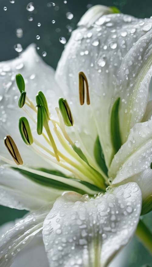 꽃잎에 녹색이 튀고 아침 이슬 방울로 뒤덮인 흰색 백합의 클로즈업 이미지.
