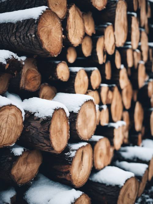 Stos kłód drewnianych gotowy na zimę w śniegu.