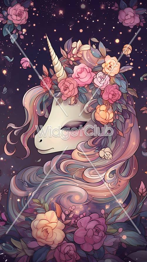 Licorne magique entourée de fleurs et d&#39;étoiles