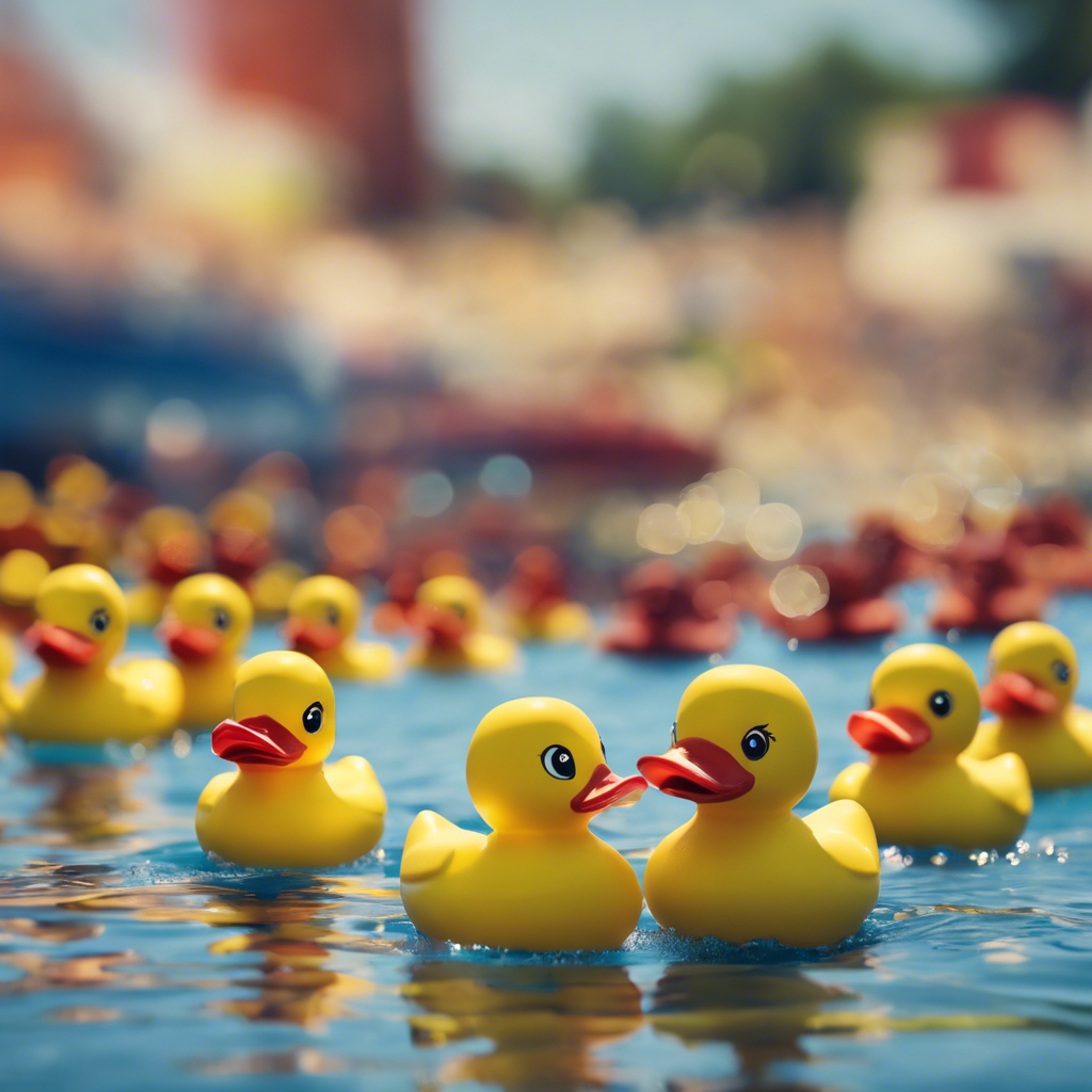 A team of vibrant rubber ducks lined up for a fun bath-time race. Ფონი[f8bfe643527940e89331]