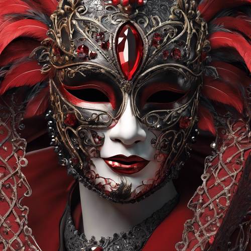 A charismatic red and black 3D Venetian carnival mask, delicately adorned with Swarovski crystals, feathers, and intricate lace detailing.