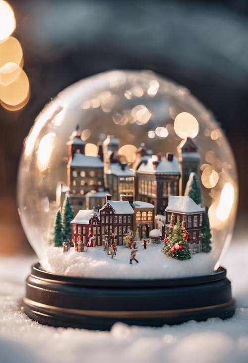 Um globo de neve envolvendo uma cidade em miniatura com um desfile de Ano Novo em andamento. Papel de parede [d217738e6d50445aa556]