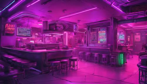 Un restaurant cyberpunk underground où les clients sont des humains hybrides, éclairés par des néons violets.