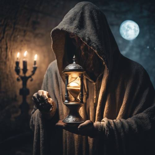 Eerie hooded figure holding an ancient hourglass in a creepy crypt under the light of a spectral moon. Tapet [d963242fe7b248d79a35]