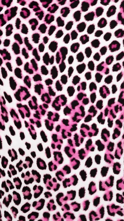 A close-up view of a fabric with bright pink leopard spots on a white background.