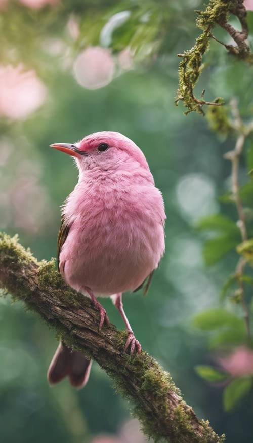 A small pink bird perched on a branch in a luscious green forest.