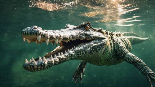 Крокодил грациозно плавает под водой, свет создает завораживающие узоры на его коже.