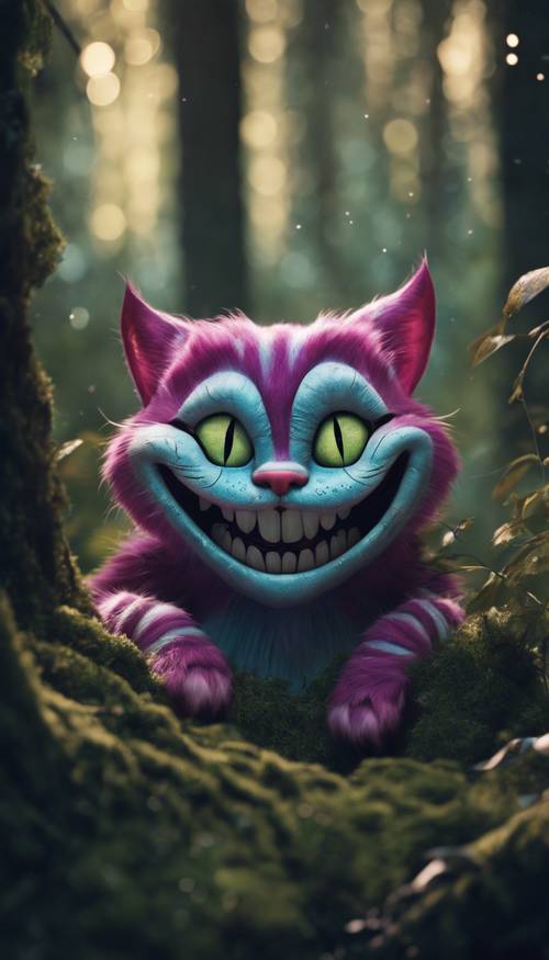 The Cheshire Cat's grin lighting up a darkly twisted Tulgey forest.