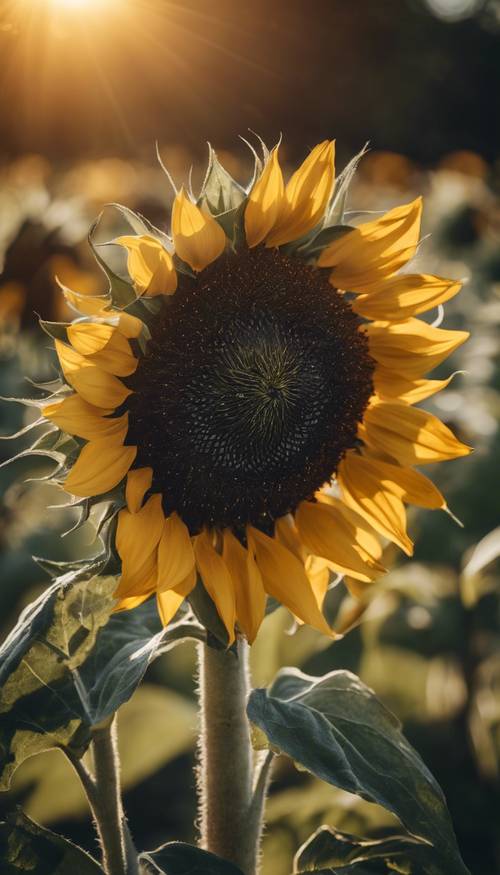 一朵黑色的向日葵，带有鲜黄色的边缘，在明亮的早晨阳光下闪闪发光。