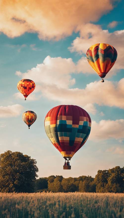 Una vívida vista de un festival de globos aerostáticos, con el telón de fondo de un cielo claro de verano.