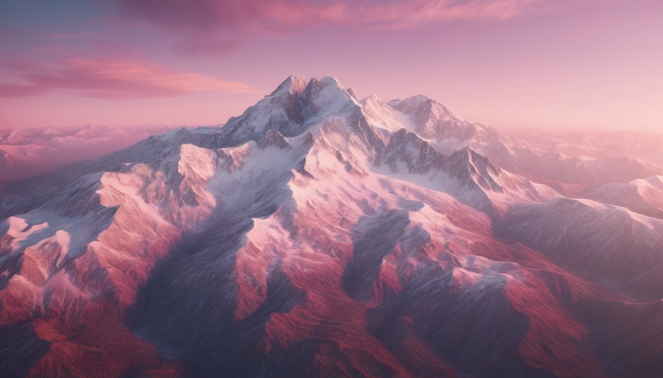 An expansive aerial view of a white, snow-covered mountain range under a sky tinged pink from the setting sun. 墙纸[e77586335e084d05a703]