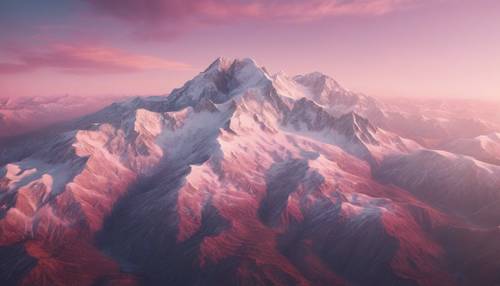 Un&#39;ampia veduta aerea di una catena montuosa bianca ricoperta di neve sotto un cielo sfumato di rosa dal sole al tramonto.