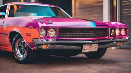 A classic American muscle car from the 1970s, printed in bright neon colors