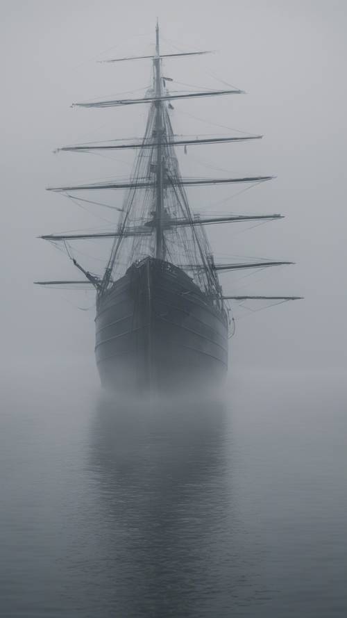 Un navire fantôme naviguant dans un épais brouillard, ses mâts obscurcis par une fumée grise à la dérive.