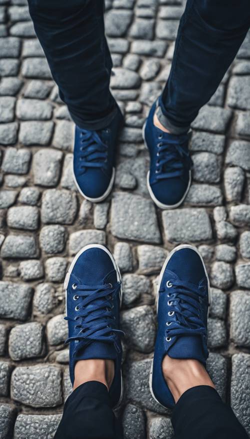 Um par de tênis texturizados azul marinho em uma rua de paralelepípedos.