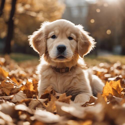 Um cachorrinho golden retriever brincando em uma pilha de folhas caídas