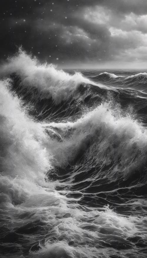 Uma pintura monocromática e texturizada de um mar agitado durante uma tempestade.