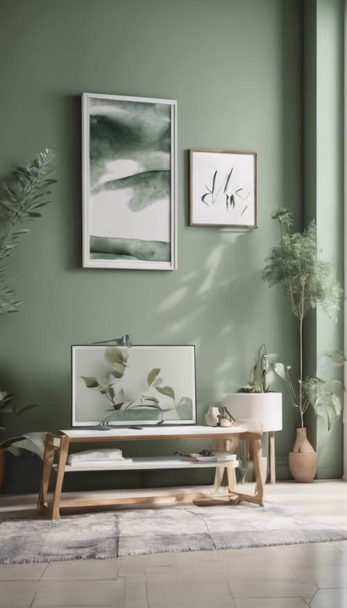 Minimalistyczny, nowoczesny pokój pomalowany na uspokajający odcień szałwiowej zieleni w połączeniu z białymi meblami.