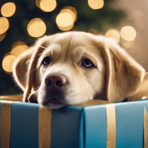 Um labrador dourado espreitando de uma caixa de presente de Natal azul