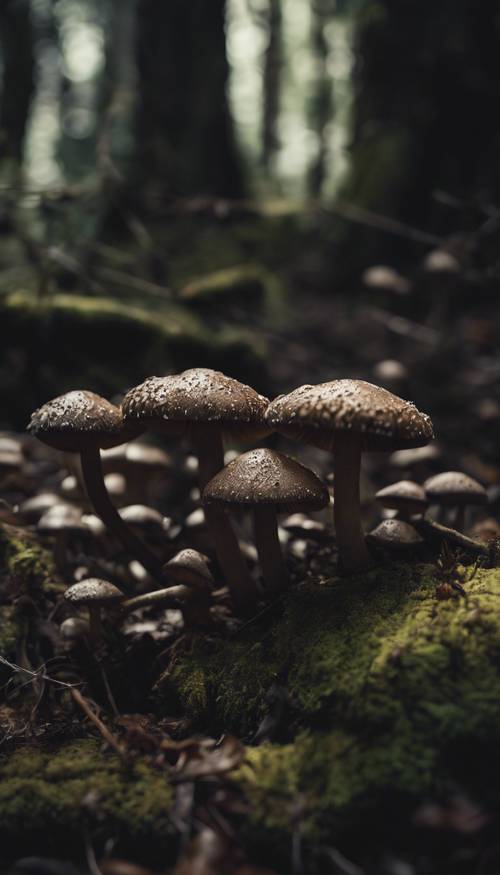 Several dark mushrooms growing in the shadowy sections of a lost woodland temple. Tapet [f2a20377043c45258dc5]