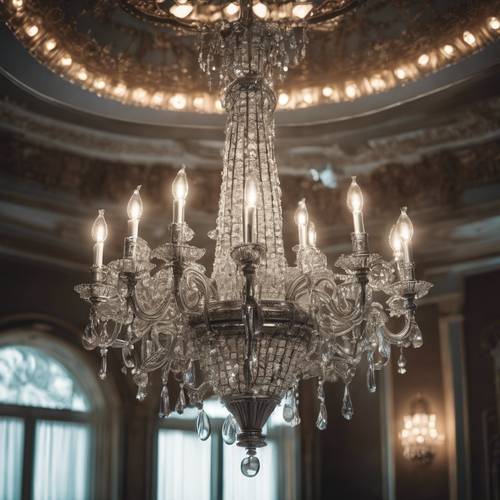 Элегантная серебряная люстра с замысловатым узором висит в большом и тускло освещенном бальном зале.