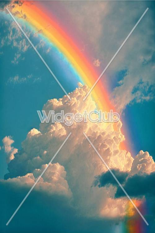 カラフルな虹がフワフワ雲を明るく照らす壁紙