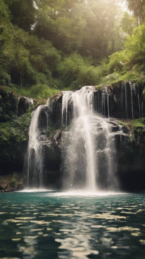 Pemandangan air terjun yang tenang dengan tulisan &#39;Hidup itu penuh keindahan. Perhatikanlah.&#39; yang tertulis di semprotan air terjun yang menari-nari.