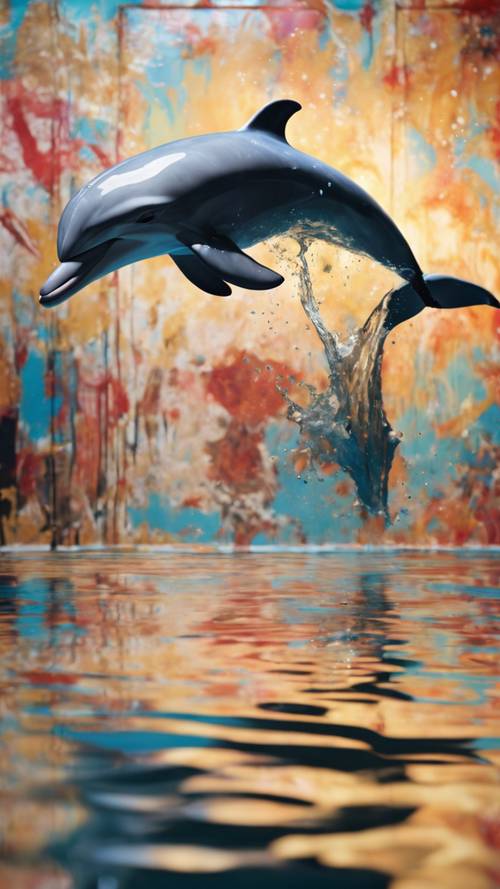 Um golfinho saltando de uma pintura em uma galeria de arte, fascinando um público atônito com um toque dinâmico de cor.