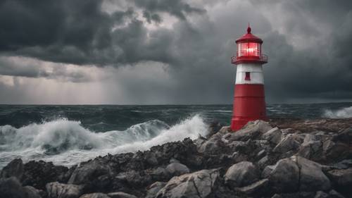 Un phare rouge et blanc se dressant au milieu de nuages ​​d’orage gris en colère, jetant de la lumière sur une mer tumultueuse.