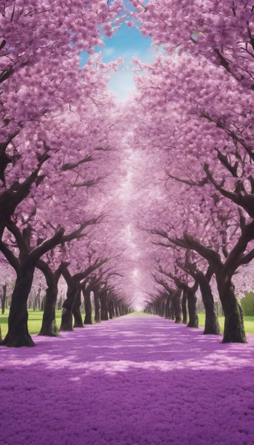 Pemandangan panorama jalan panjang yang dipenuhi bunga sakura ungu di hari yang cerah.
