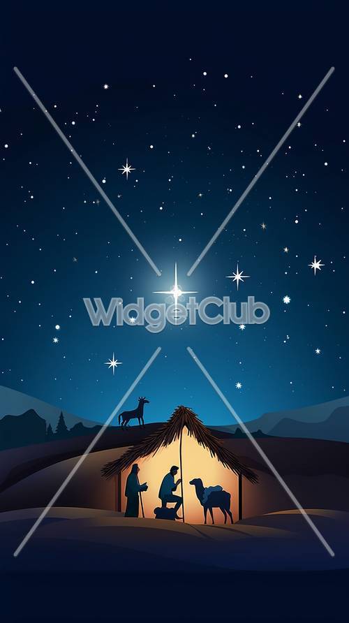 聖夜の星空を背景にしたキリスト降誕の壁紙